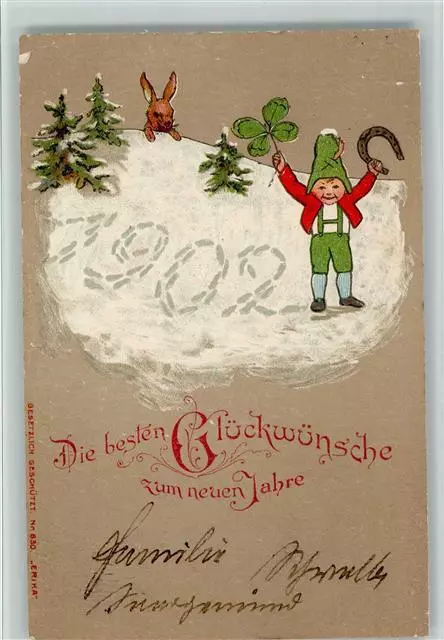10546445 - Neujahr 1902 - Wichtel mit Hufeisen, Kleeblatt, Verlag Erika Nr. 830