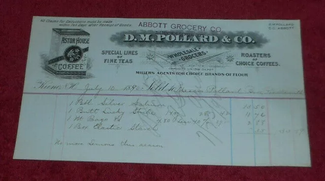 1890 Abbot Grocery Co Successors To D M Pollard & Co Grocers Keene NH Billhead