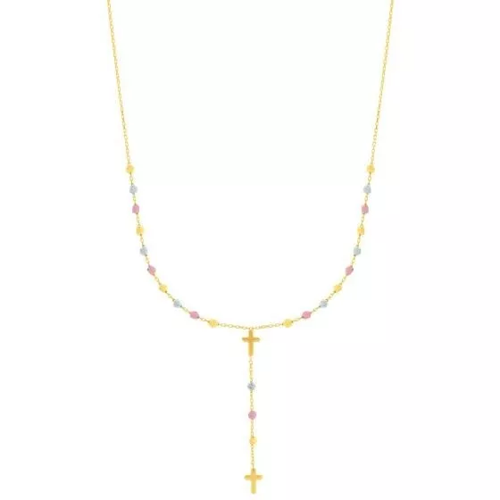 14kt Tri Color Gold Drop Cross Lariat Rosary Inspired Necklace  #N51