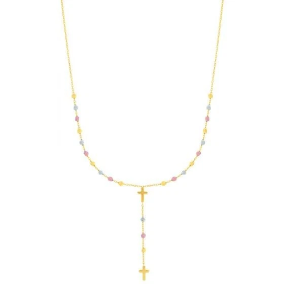 14kt Tri Color Gold Drop Cross Lariat Rosary Inspired Necklace  #N51