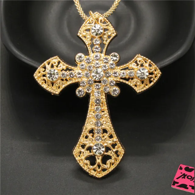New Betsey Johnson Gold Plated Crystal Cross Prayer Pendant Chain Necklace