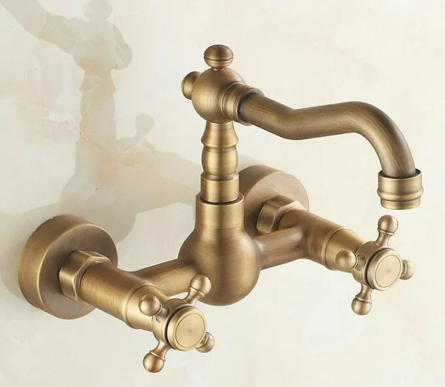 Antique Brass Bathroom Swivel Spout Basin Faucet Wall Mount Sink Mixer Tap