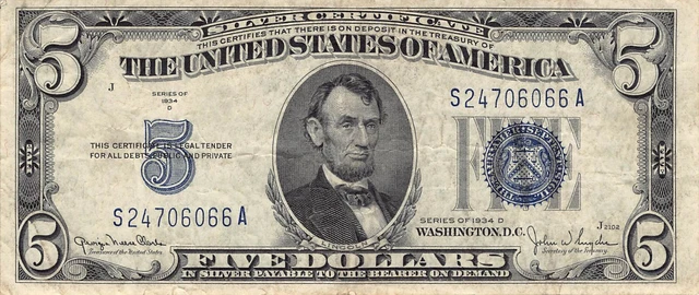 1934-D $5 Silver Certificate Blue Seal Dollar Bill (PM105)