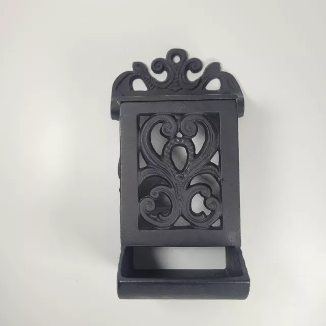 Vintage Black Ornate Cast Iron Wall Mount Match Box Holder Dispenser w Top Lid