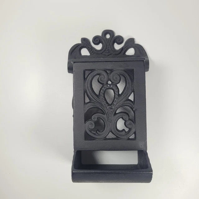 Vintage Black Ornate Cast Iron Wall Mount Match Box Holder Dispenser w Top Lid