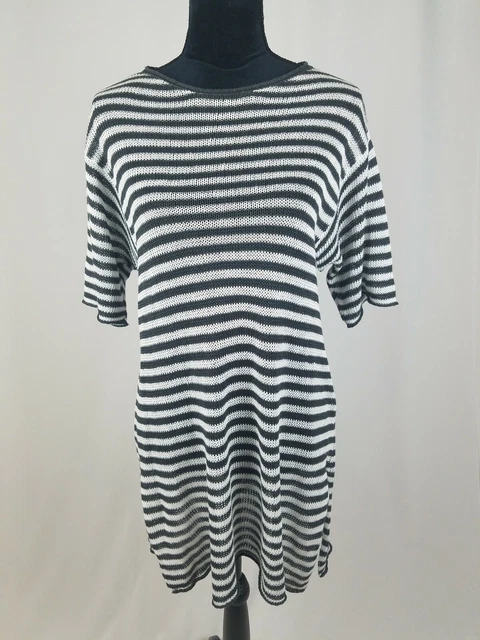 Eileen Fisher Damen XXS Organisch Leinen Strick Streifen Rundhals Ellenbogen Arm