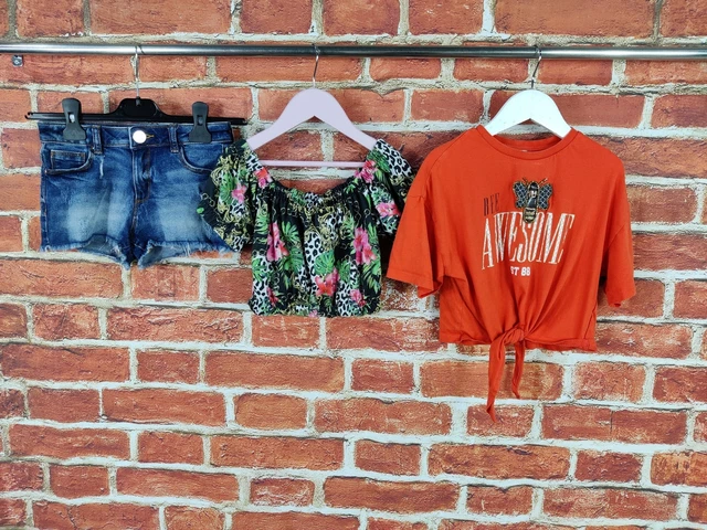 Girls Bundle Age 7-8 Years 100% River Island Blue Denim Shorts Tops Summer 128Cm