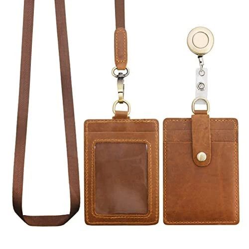 ID Badge Holder Genuine Leather Card Slots Case with Detachable Neck Lanyard ...