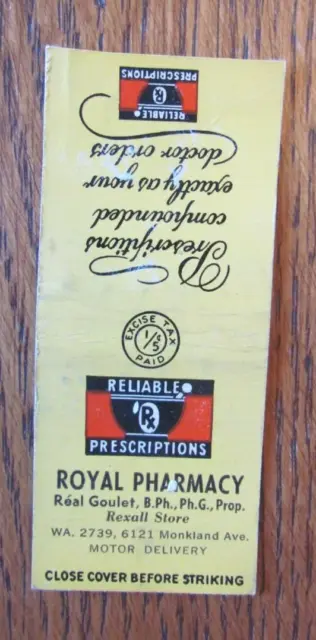 BOBTAILED MATCHBOOK COVER: ROYAL PHARMACY MONTREAL 1940s MATCHCOVER -D3