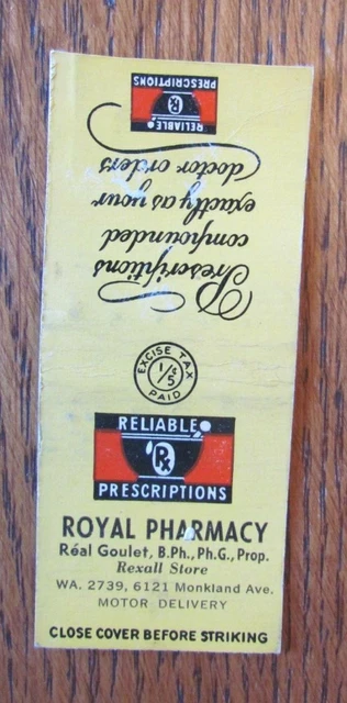 BOBTAILED MATCHBOOK COVER: ROYAL PHARMACY MONTREAL 1940s MATCHCOVER -D3