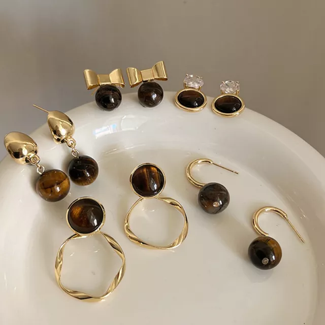 1Pairs Retro Brown Color Earrings Light Luxury Tiger Eye Stone Jewelry Earrings