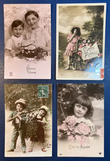 4 Children Photo Style New Year Antique Postcards. French.  Color Added. NICE
