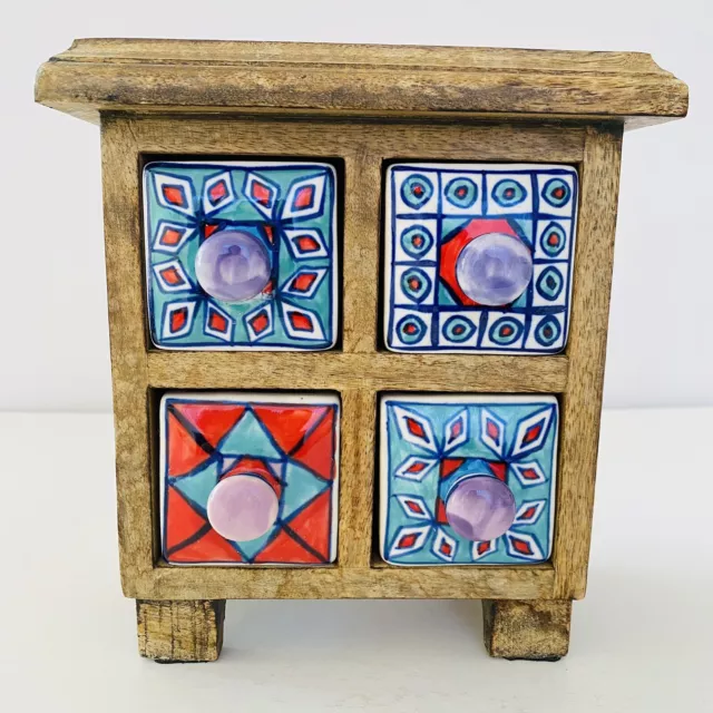 Wooden Cabinet Spice Rack 4 Hand Painted Ceramic Drawers Tea Apothecary AS IS