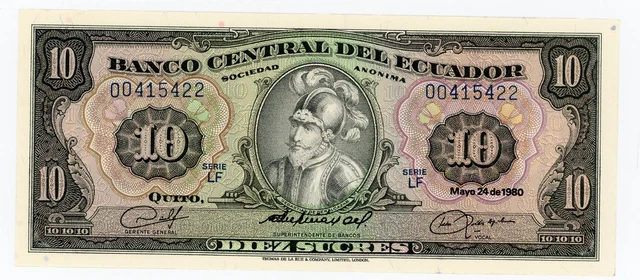 Ecuador  … P-114a  … 10 Sucres … 1980 …  Choice*UNC*  Serie LF.