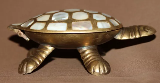 Vintage Brass Mother Of Pearl Turtle Figurine Box