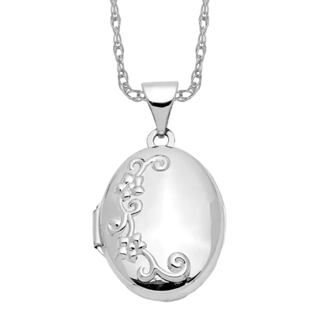 14K White Gold Flower Oval Personalized Photo Locket Necklace Charm Pendant 2