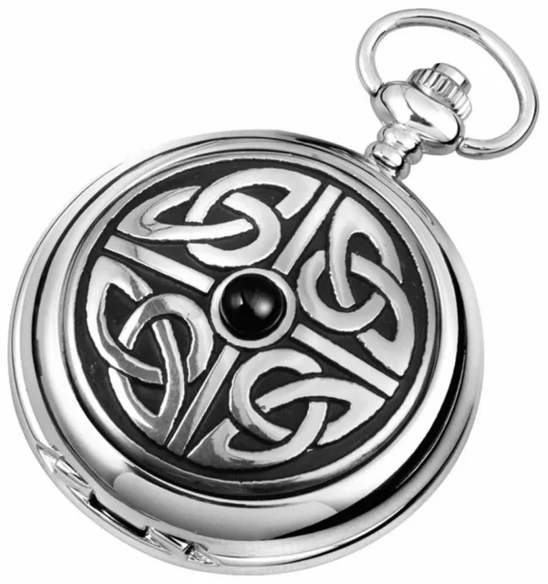 Woodford Mens Celtic Knotwork Full Hunter Quartz Pocket Watch - Silver/Black