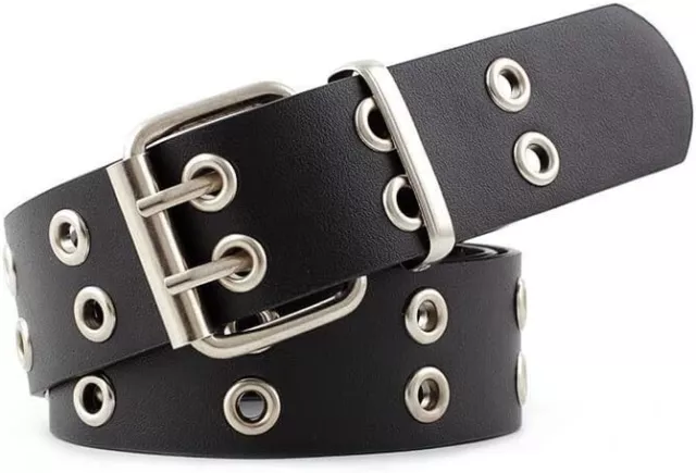 Double Grommet Punk Belt - Black Faux Leather 2 Prong and Holes Aesthetic Gru...