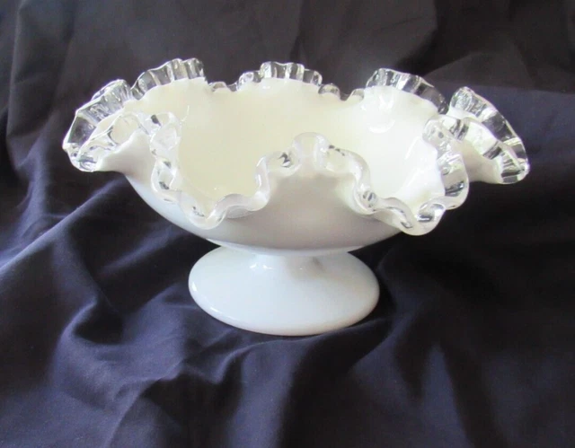 Fenton White Milk Glass Silver Crest Compote Bowl 8" x 4"