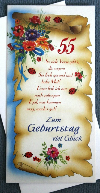 55. GEBURTSTAG Glückwunschkarte mit Spruch und weißem Umschlag 10 x 20