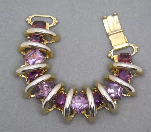Vintage Juliana Shcreiner? Purple Glass Gold Tone Book Chain Bracelet