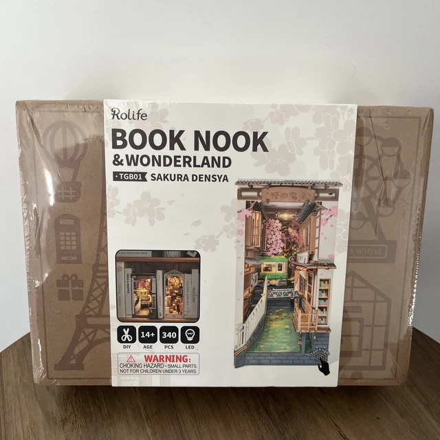 ROKR Rolife Sakura Densya Book Nook Kit – 3D Wooden DIY Miniature House, 340 Pieces, LED, Finished Size 4.53x8.66x7.48
