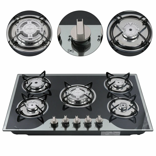 BUILTIN 5 BURNER Gas Stove Cast Iron Gas Hob Burner Cooker+Stainless