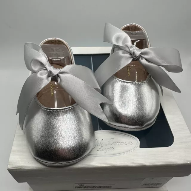 New In Box Ralph Lauren Layette Silver Metallic Leather Briley Sz 2 Infant Shoes 2