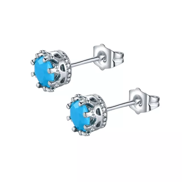 18K White Gold Plated Crown Stud Earrings W/ Turquoise By Peermont Jewelry