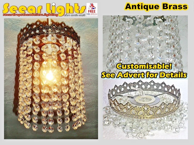 Kronleuchter Lampe Lichtschirm Antik Messing Vintage Look Glas Tröpfchen Perlen Tropfen