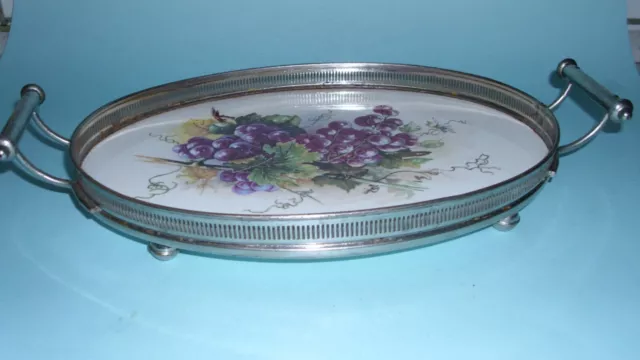 Keramik Tablett mit Metallmontur Griffe Art Deco Blumenbouquet