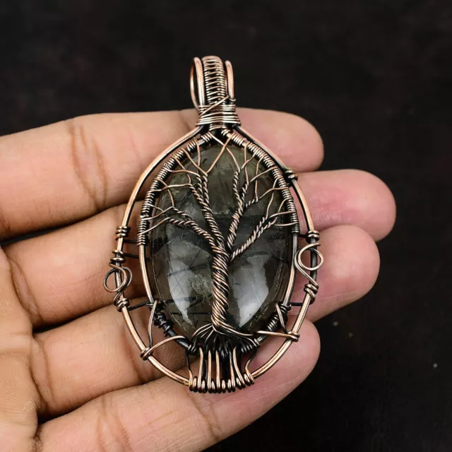 Gift For Her Black Rutile Wire Wrapped Tree Of Life Pendant Copper Jewelry 3.03"