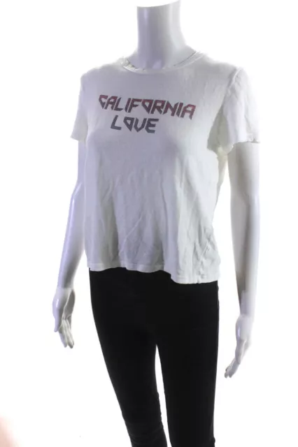 ALC Womens California Love Short Sleeve Top Tee Shirt White Purple Linen Large 2