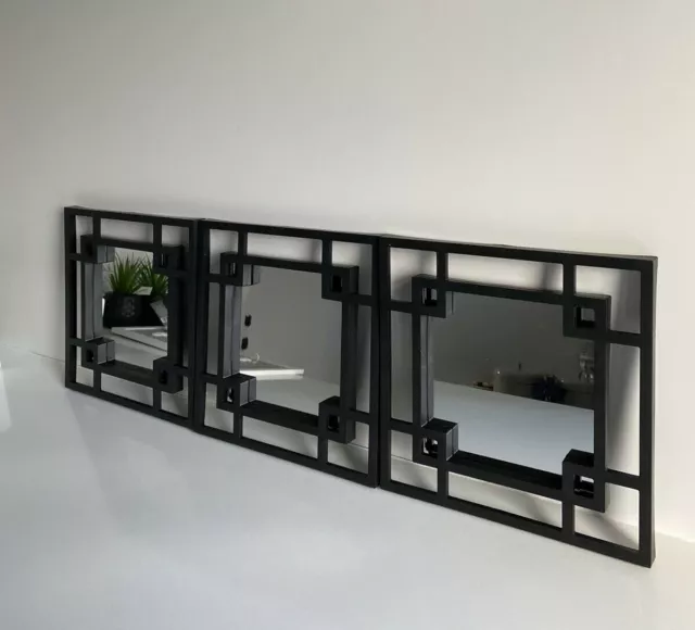 Set of 3 Black Square Wall Mounted Mirror Industrial Art Ornate Geo Tile Mirrors