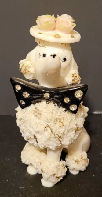 Vintage Porcelain Spaghetti Poodle Sitting With Hat And Rhinestone Bow