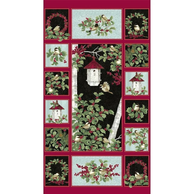 Christmas Festive Chickadees Bird Birdhouse Cotton Fabric Benartex 24"X44" Panel