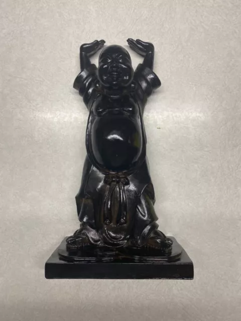 Vintage Happy Buddha Wood Carved Statue 12" Tall Laughing Hands Up