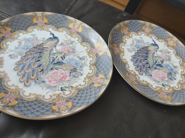 2 JAPANESE PORCELAIN 20.5cm DISPLAY CABINET PLATE PEACOCK BIRD PEONY GREY GILT