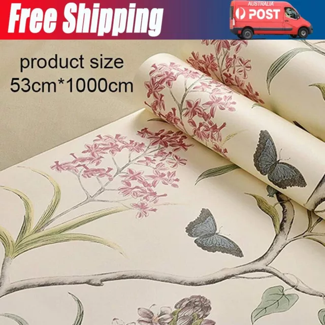 10m Pink Floral Flowers bird Vintage Garden Sticker Room TV Background Wallpaper