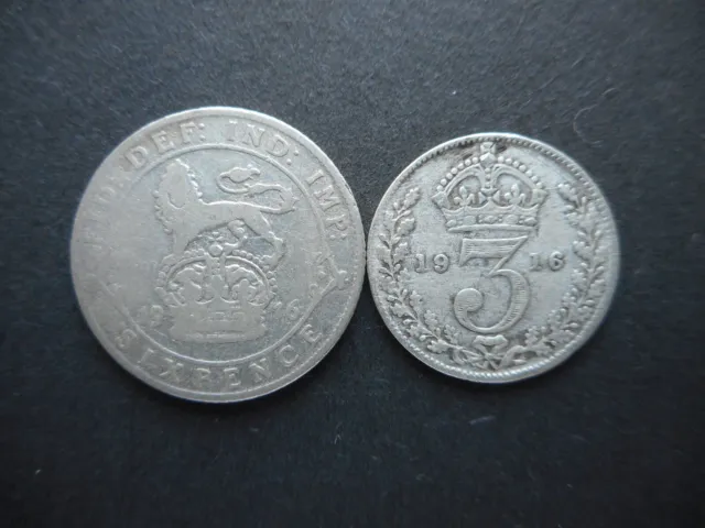 United Kingdom 3 & 6 Pence 1916 George V (Lot of 2 Coins) (KM# 813, KM# 815)