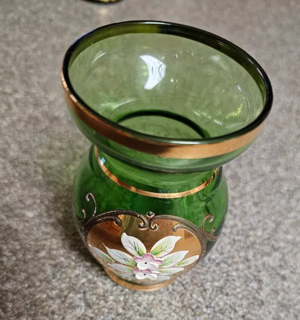 Vintage Moser Bohemian Green Glass Bud Vase Handpainted Flowers 4" Tall