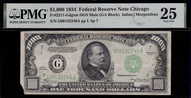1934 Chicago $1000 One Thousand Dollar Bill Federal Reseve Note Mule 500 PMG 25