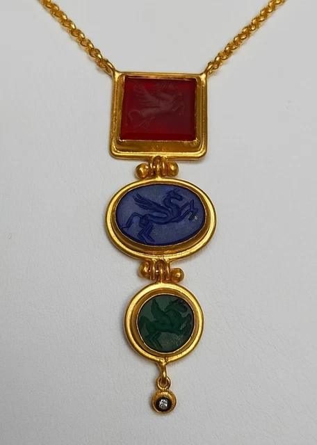 Handcrafted Pegasus Pattern Necklace in 24k Gold and Silver with Diamonds..