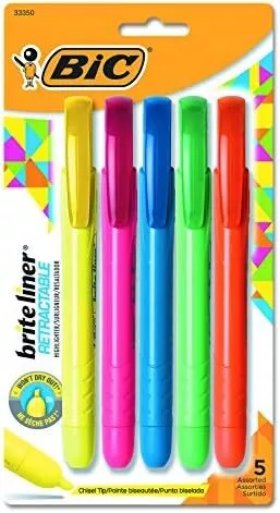 BIC Brite Liner Retractable Highlighter, Chisel Tip, Assorted Colors, 5-Count