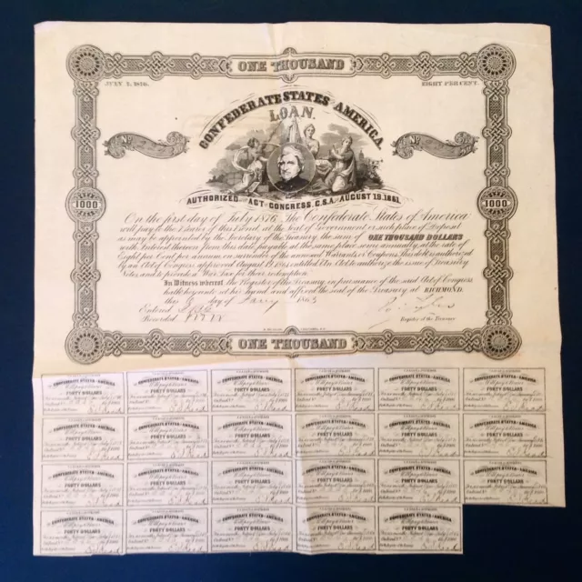 -1861  $1000 Confederate States of America - CSA Civil War Bond  Cr 94 Ball 101