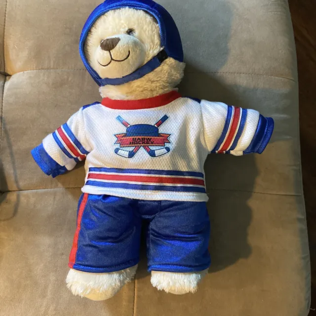 Build A Bear Hockey Player White Bear With Jersey Pants Helmet 15” Plush Toy
