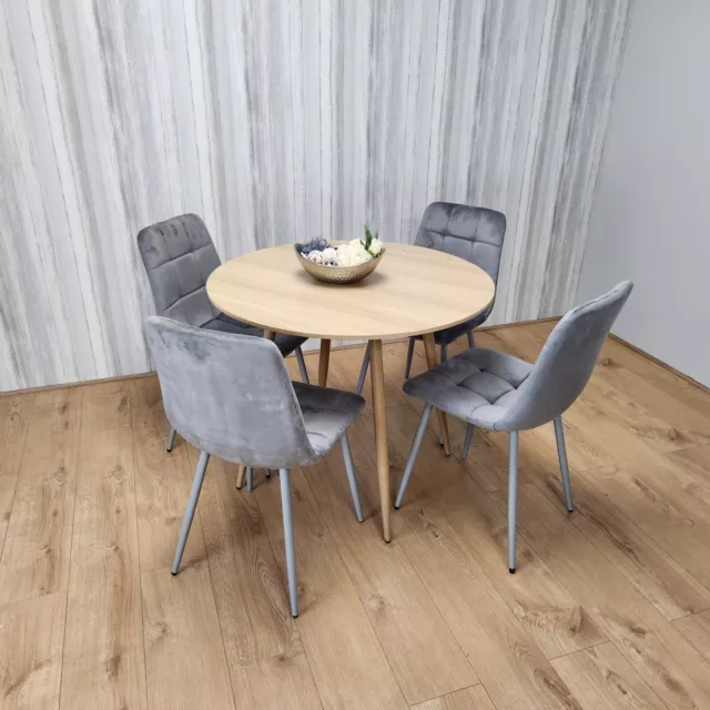 Round Oak Effect Kitchen Dining Table With 4 Grey Velvet Tufted Chairs Set