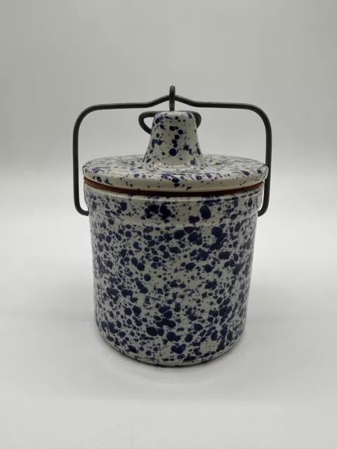 Blue and White Speckled Stoneware Cheese Butter Crock Jar Wire Bail Lid Vintage