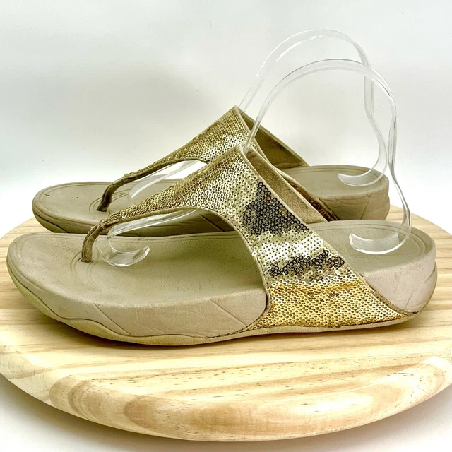 FitFlop Womens Gold Sequin Slip On Toe Post Sandals Size 9 A18-308