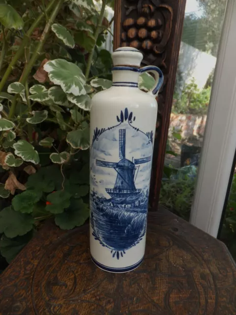 Antique Delft Blue Dutch Handwerk Gin Bottle Hand Painted Windmill Crown Mark